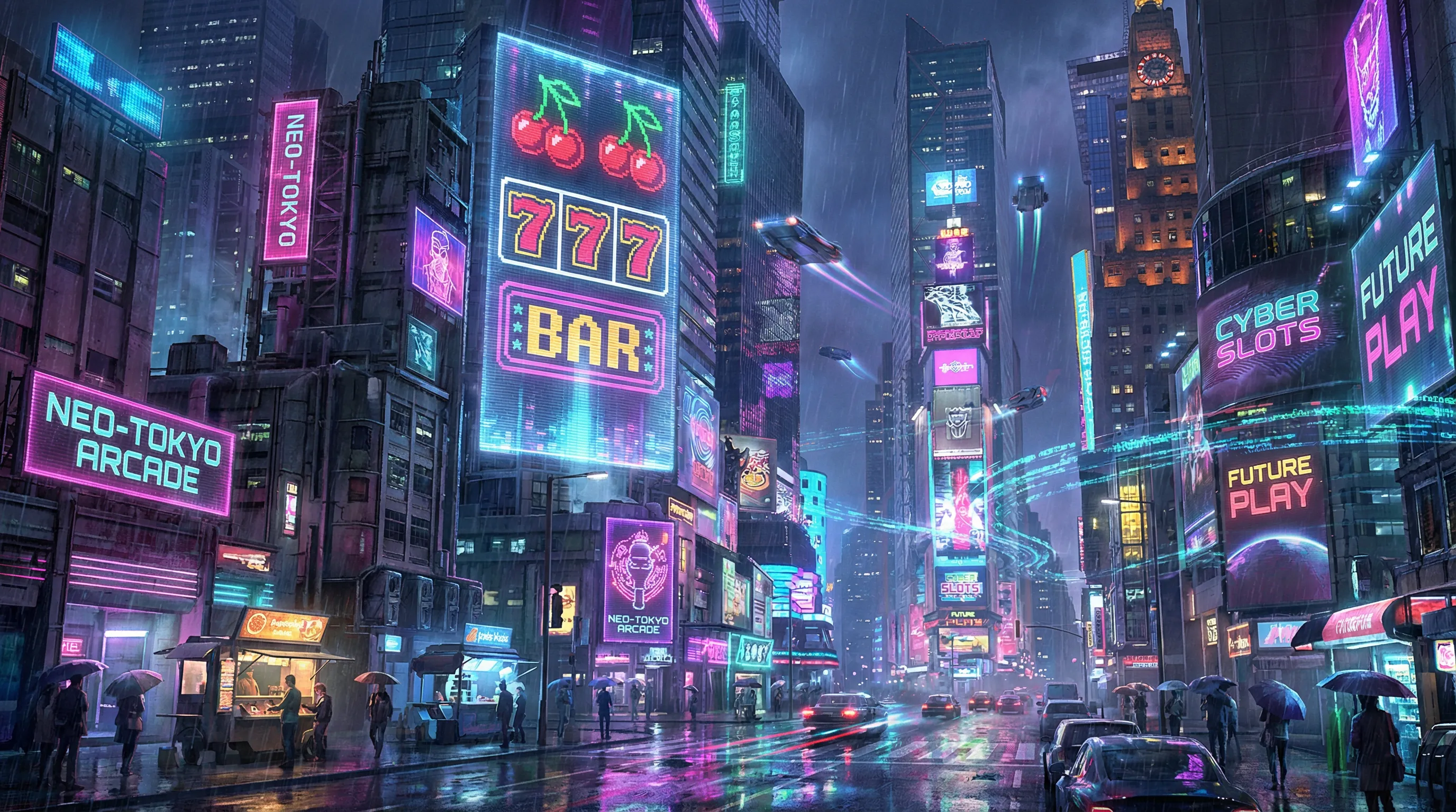 老虎机 赛博朋克不夜城全景 - 复古街机娱乐城